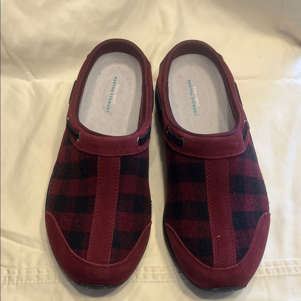 Easy Spirit Red and Black Plaid Flannel and Suede Slip-On Shoes